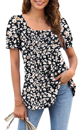 Zwurew Women's Summer Casual Puff Short Sleeve T-Shirts Square Neck Pleated Flowy Trendy Tunic Tops for Leggings S-2XL
