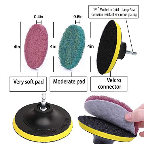 DUOSHIDA 4 Inch Drill Powered Brush Tile Scrubber Scouring Pads Cleaning Kit, 2 Different Stiffness, 4-Inch Disc Pad Holde...