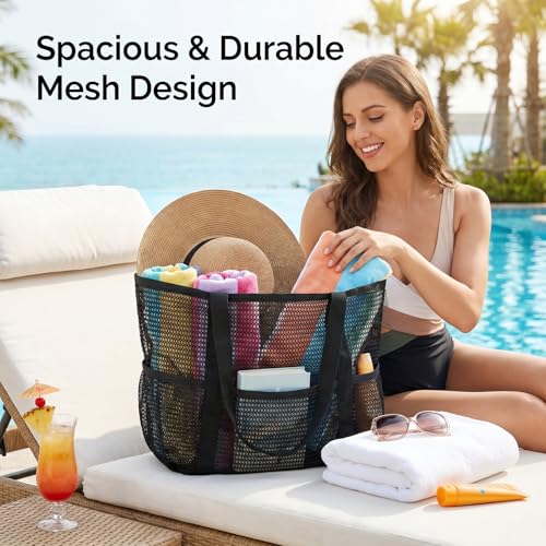 BOBPPOP Black 5-Pocket Foldable Mesh Beach Tote for Women, Water-Resistant Sand-Proof Cruise Essentials Bag, Travel Pool V...