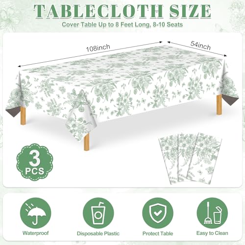 3 Pack Sage Green Floral Plastic Tablecloths, 54 X 108Inch Tea Party Tablecloth Disposable Table Cloths Green and White Po...