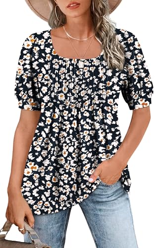 Zwurew Women's Summer Casual Puff Short Sleeve T-Shirts Square Neck Pleated Flowy Trendy Tunic Tops for Leggings S-2XL