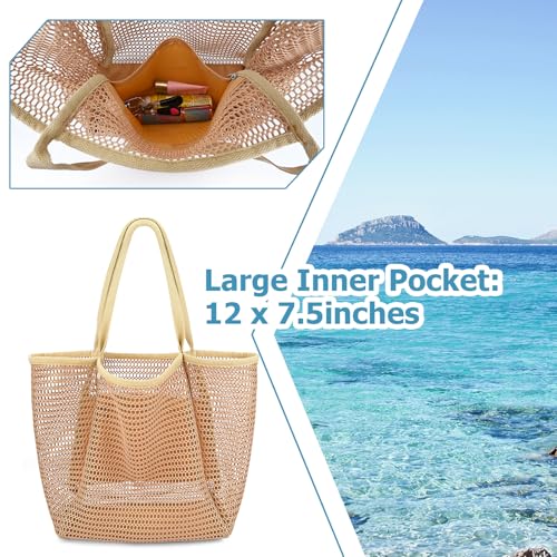 Iioscre Beach Bag for Women, Causal Hobo Pool Bags with Zipper Inner Pocket, Foldable Swim Tote Bag for Vacation Essentials