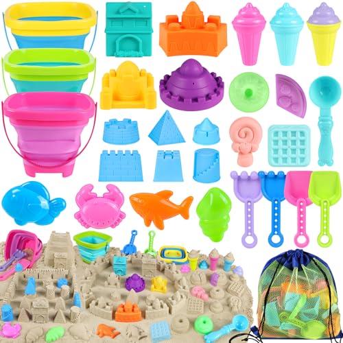 Collapsible Beach Toys for Kids Toddlers, 3 Foldable Buckets and Shovels Set, Sand Castle Building Kit, Ice Cream Travel S...