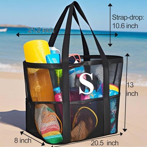wanchel Personalized Mesh Beach Bag for Women - Waterproof Initial Tote Bag for Family Travel, Toys, Vacation Essentials