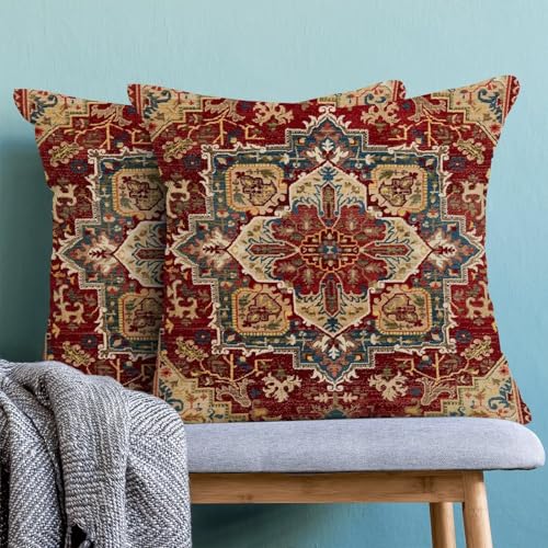BETGINY Boho Pillow Covers 20 x 20 Inch Pack of 2, Burgundy Red Bohemian Rug Carpet Pattern Decorative Throw Pillow Cases ...