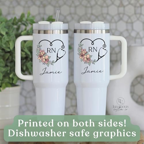 Personalized RN Registered Nurse 40oz Tumbler with Floral Stethoscope & Custom Name – Stainless Steel Insulated Travel Mug...