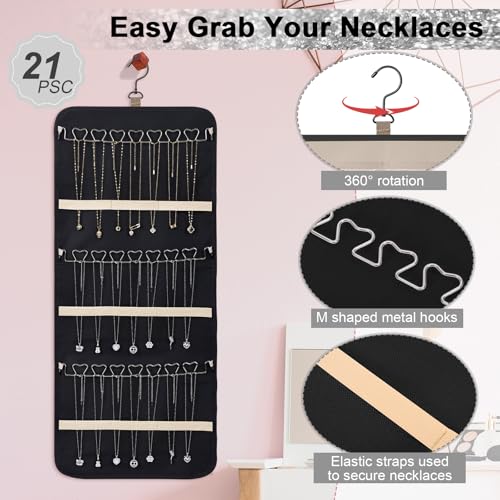 Dynoro Double-Sided Hanging Jewelry Organizer, Large Black Storage Roll for Earrings, Necklaces, Rings, 48 Pockets 21 Hook...