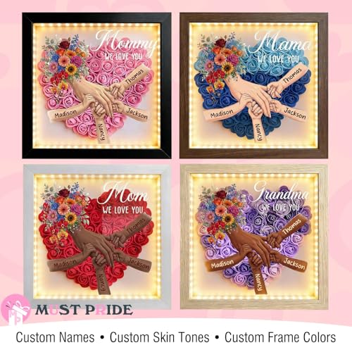 Personalized Mommy Holding Hands Flower Shadow Box with Ring & Manicure Custom Names Floral Heart Frame, Premium Gift for ...