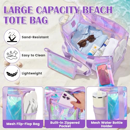 ComfyKit Iridescent Beach Bag for Women,PVC Pool Bag with Cosmetic Pouch&Phone Pouch,Summer Beach Tote for Travel & Vacation