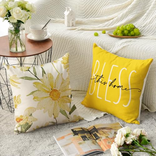 AVOIN colorlife Home Sweet Home Spring Summer Flowers Yellow Throw Pillow Covers, 18 x 18 Inch Cushion Case for Sofa Couch...