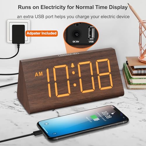 DreamSky Wooden Digital Alarm Clocks for Bedrooms - Electric Desk Clock with Large Numbers, USB Port, Loud Alarm for Heavy...