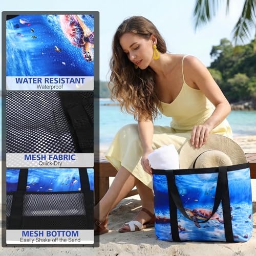 Fomaris Mesh Beach Bag - Large Beach Tote with Zipper Pocket, Toys Pool Bag for Family Travel Vacation Cruise Essentials