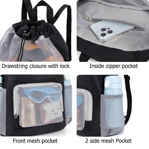 Veious Swim Bag for Kids Mesh Beach Backpack for Boys Lightweight Drawstring Beach Bag Swimming Pool Sports Gym String Bag...