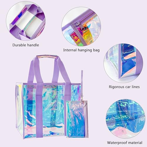 TotePrint PVC Waterproof Holographic Colorful Tote Handbag with Small Mobile Phone Bag for Beach, Travel and Shopping（0.4MM）