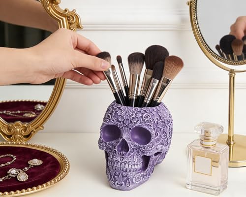 BOIHEGU Skull Bowl Decorative Skull Vase Makeup Brush Pen Holder Organizer Dresser Gothic Table Organizer Decoration, Purp...