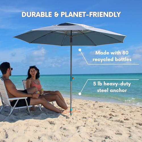 Handy Beach Umbrella & Anchor System, Large 7ft Silver Coated UPF 55 Canopy, 10 Second Installation, Wind Resistant, Durab...