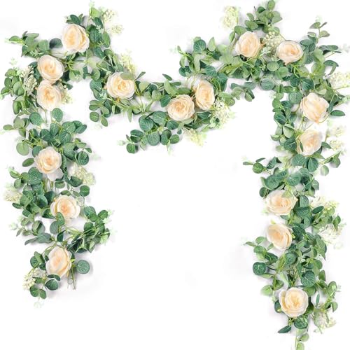 Der Rose 2 Pcs 13FT Artificial Floral Garland, Flower Eucalyptus Spring Garland with Champagne Rose, Faux Flower Vine for ...