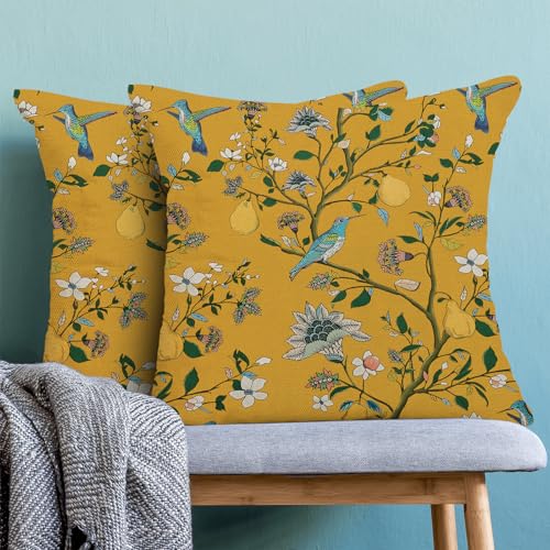 Vintage Mustard Yellow Floral Pillow Covers 20x20 Inch Set of 2 Boho Blue Hummingbird Wildflower Throw Pillows Spring Summ...