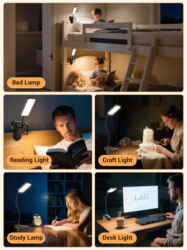 ReinHoo Clip on Light,9 Brightness+5 Color Rechargeable Desk Lamp,4000mAh Battery Operated Lights,450 Lumen 48 LED Desk La...