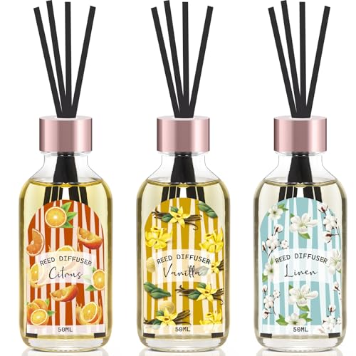 Reed Diffuser Set of 3 Pack, Linen Vanilla Citrus Scented Oil Diffuser with 15 Sticks, Reed Diffusers for Home, Bathroom A...