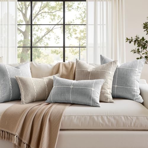 HOMEIDEAS Decorative Plaid Throw Pillow Covers 20x20 Set of 2, Tan Farmhouse Pillow Covers, Neutral Faux Linen Cushion Cov...