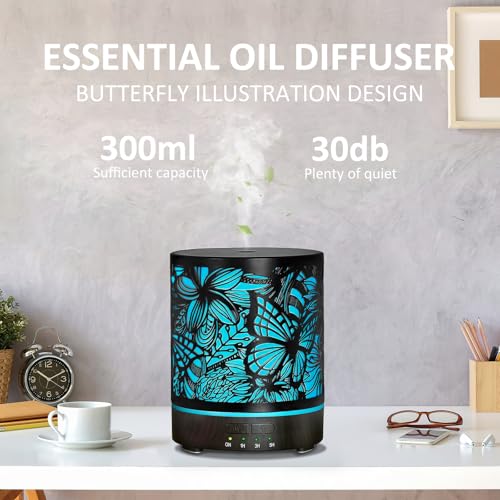 Essential Oil Diffusers 300ML Metal Aromatherapy Oil Diffusers for Large Room,Butterflies & Flower Ultrasonic Cool Mist Di...