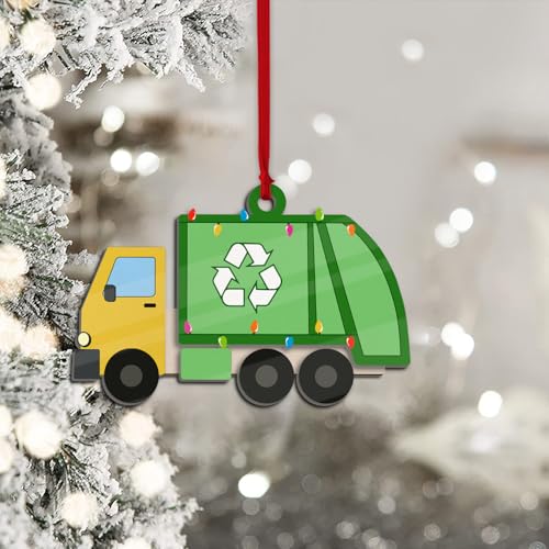 Wooden 3D Garbage Truck Ornaments for Christmas Tree, Recycling Trash Truck Xmas Ornament Decoration, Waste Collection & M...