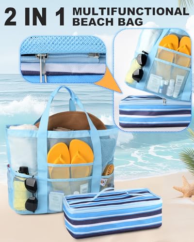 CaCTPUR Beach Bag with Cooler,Mesh Beach Bag for Women Cruise Pool,Packable Sandproof Travel Tote Bag with 8 Pockets