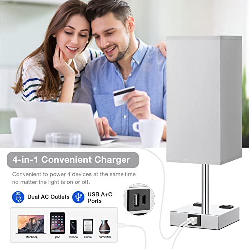【Upgraded】Bedside Table Lamp Touch Control, with USB C+A Charging Ports & Dual AC Outlets, 3-Way Nightstand Lamp for Bedro...