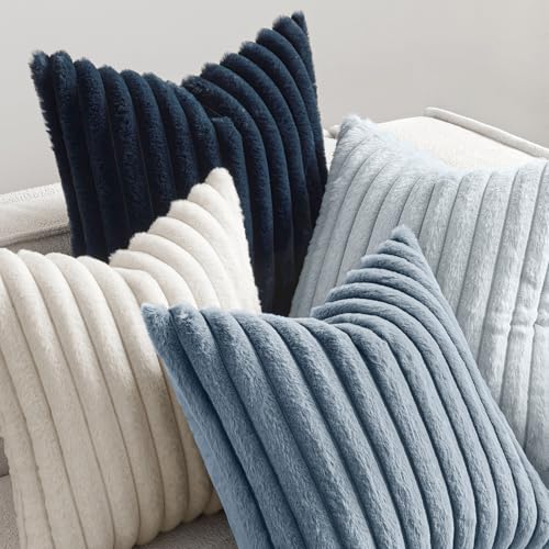 MIULEE Faux Fur Plush Decorative Throw Pillow Covers 18x18 Set of 4, Spring Modern Soft Fuzzy Coastal Striped Cushion Cove...