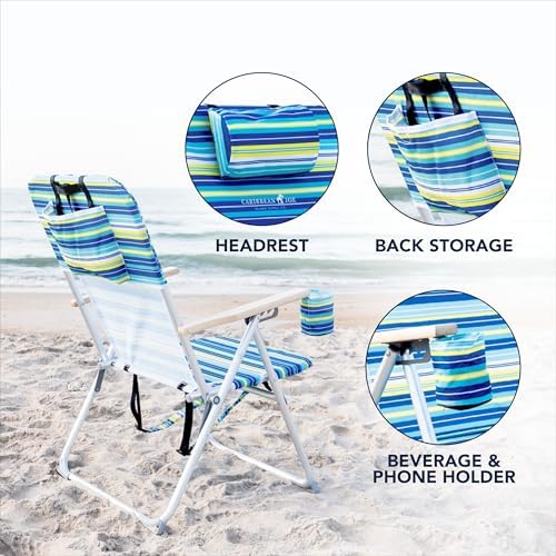 CARIBBEAN JOE Folding Beach Chair, 4 Position Portable Backpack Foldable Camping Chair with Headrest, Cup Holder, and Wood...