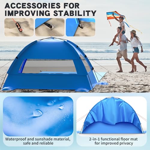 Beach Tent Sun Shelter with Extended Sand Mat 114×82inch，UPF 50+ Protection, 3 Double-Layer Windows for Enhanced Privacy; ...