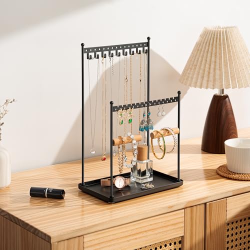 Josmimic 3 Tier Black Jewelry Stand, Necklace Organizer, Earring Holder with 44 Holes and 9 Hooks, for Necklaces, Bracelet...