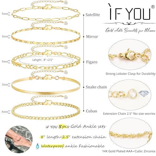 iF YOU Gold Ankle Bracelets for Women, 14k Gold Plated Waterproof Cuban Link Chain Anklets Set, Layered Anklet Bracelets f...