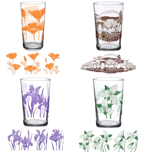 DOWN TO EARTH BASICS Vintage Glasses Set – 7 oz Retro Tumbler Variety Pack – Poppy, Iris, Trillium, Mushroom – Durable Flo...