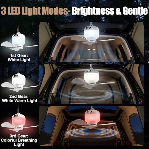 Camping Fan with Light & Remote, Portable Ceiling Fan Wireless Rechargeable Tent Fan with 4 Speeds,3 Light Modes,Timer, Ba...