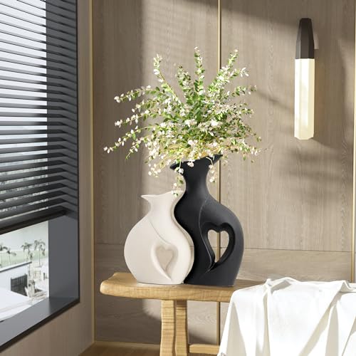 Black and White Vase Heart Shape Ceramic Vase Set of 2,Modern Boho Hollow Flower Vases,Nordic Aesthetic Decor,Decorative V...