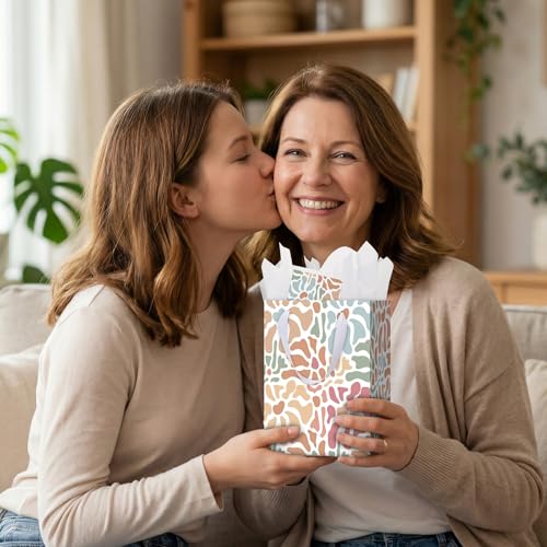 woric 10.6" Sage Green Flowers Gift Bags with Tissue Paper, 4 Medium Gift Bag with Greeting Cards for Mother's Day Birthda...