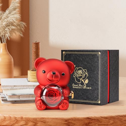 Cute Teddy Bear with Preserved Rose - A Real Rose Flower in Bear with Elegant Gift Box - Romantic Gift for Her in Mother's...
