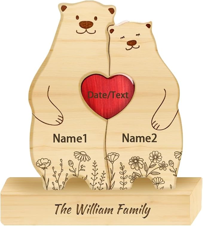 Personalized Wooden Hugging Floral Bear Couple Puzzle Signs Plaque, Family Name Flower Wood Bear Art Puzzle Desk Sign for ...