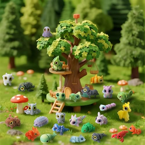 Laehovr 25PC Mini 3D Printed Animals Set with Shining Eyes - Articulated Desk Pets Collection, Mini Animals Figures for Cl...