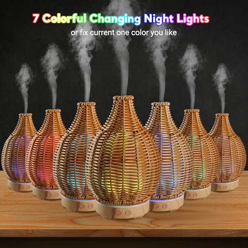 Boho Essential Oil Diffuser for Home Rattan Weaving with Remote Control, 100mL 7 Changing Color Lights Ultrasonic Aroma Hu...