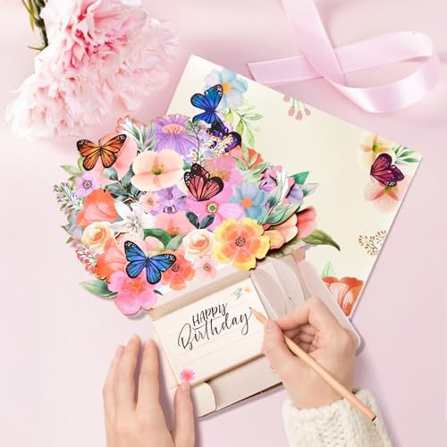 Yinqing Birthday Cards, Light and Music Happy Birthday Card, Lily and Butterflies, 10 Inch Life Sized Forever Flower Bouqu...