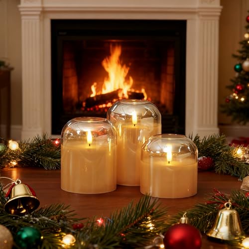 Homemory Glass Flameless Candles, Battery Operated Plliar Candles Realistic Flickering, LED Electric Light with Remote and...