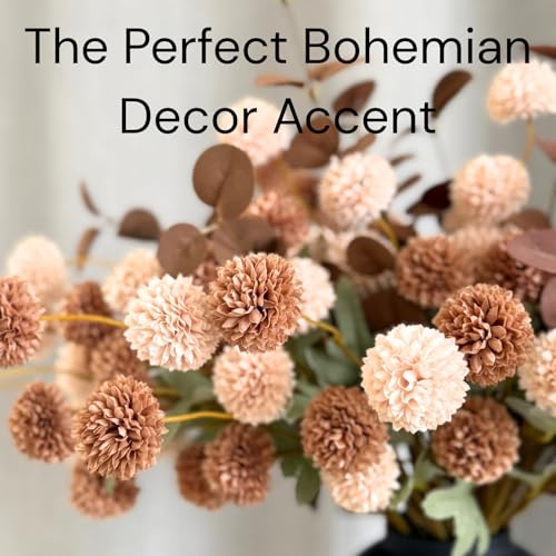 22pcs Artificial Beige & Brown Kiku Flowers with Eucalyptus Stems Bulk, Faux Silk Mum Pom Poms for Vase, Modern Farmhouse ...