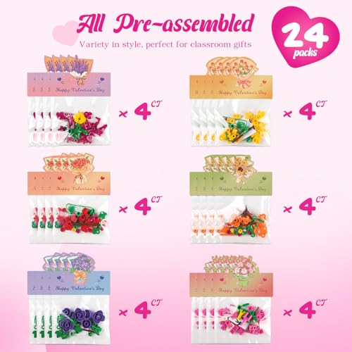 Valentines Day Gifts for Kids - 24 Pack Prepacked Valentine's Day Cards with Flower Building Blocks Crafts for School Clas...