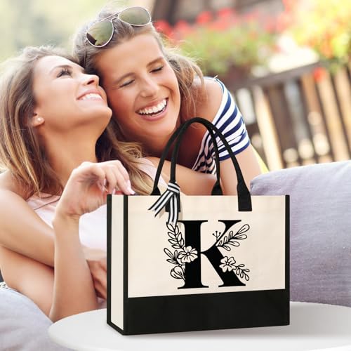Tecanne Personalized Initial Canvas Tote Bag, Suitable for Birthday, Wedding, Beach, Holiday, Gifts for Women, Mom, Teache...