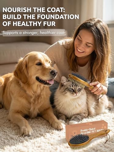 TAKAVU Short Hair Dog & Cat Deshedding Brush - Double Sided Grooming Tool with Silicone Massage & Bristle Sides - Removes ...