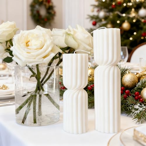 Set of 2 Ribbed Pillar Candles Handmade Soy Wax Scented Ribbed Candles,Hourglass Pillar Candle,Wax Elegant Bubble Natural ...