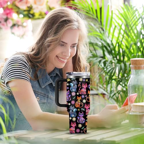 WWHSAI Cat Gifts for Women Cats Tumbler with Handle 40Oz Christmas Birthday Flowers & Elegance Cats Gift for Cat Lover Owner